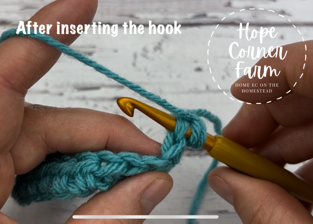 Crochet hook placement for the HDC stitch