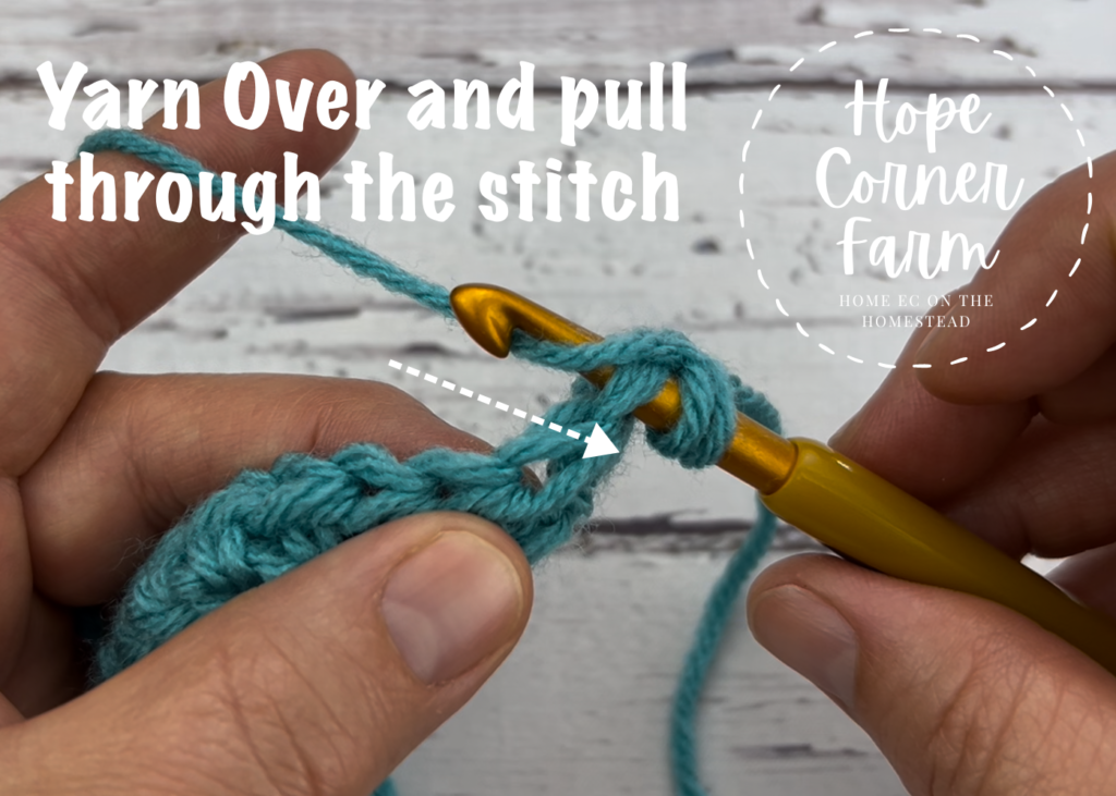 YO and pull through the stitch how to half double crochet stitch