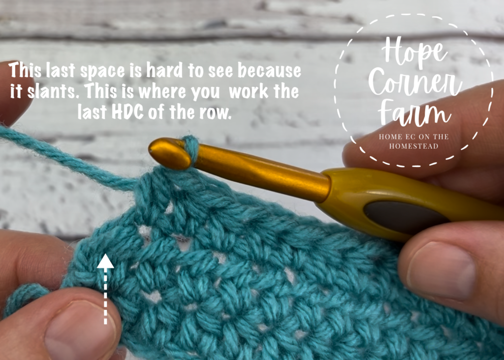 The last space of the row of half double crochet stitches