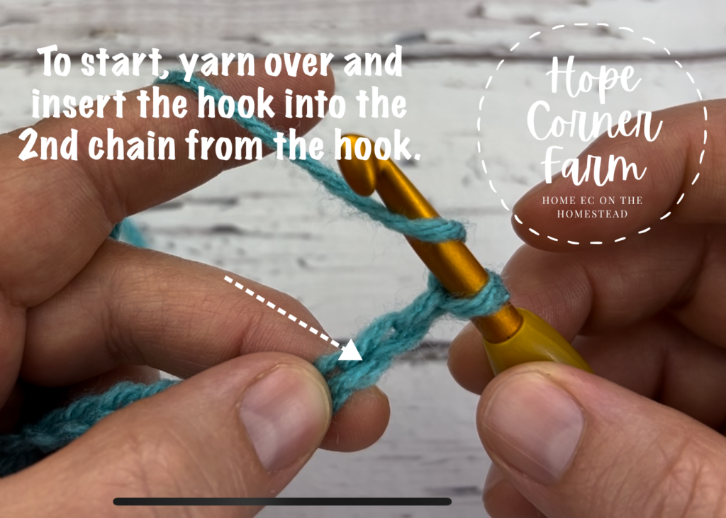 Work the 1st half double crochet stitch into the 2nd chain from the hook