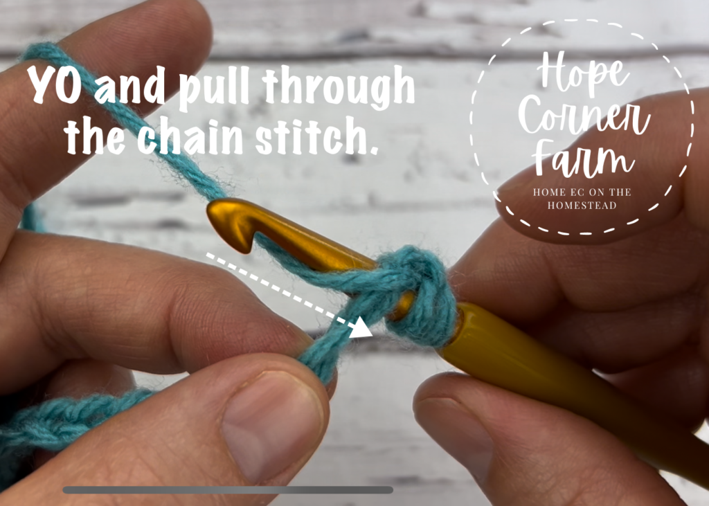 YO and pull through the chain stitch how to half double crochet stitch