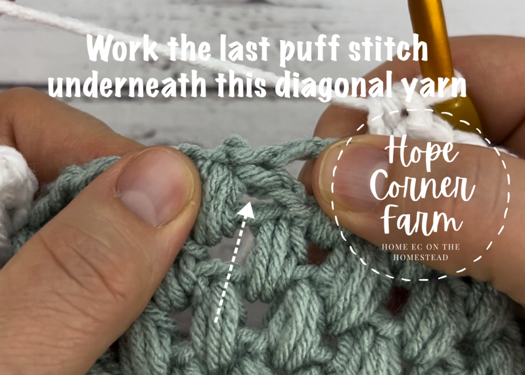 Where to work the last crochet puff stitch for this round of crochet