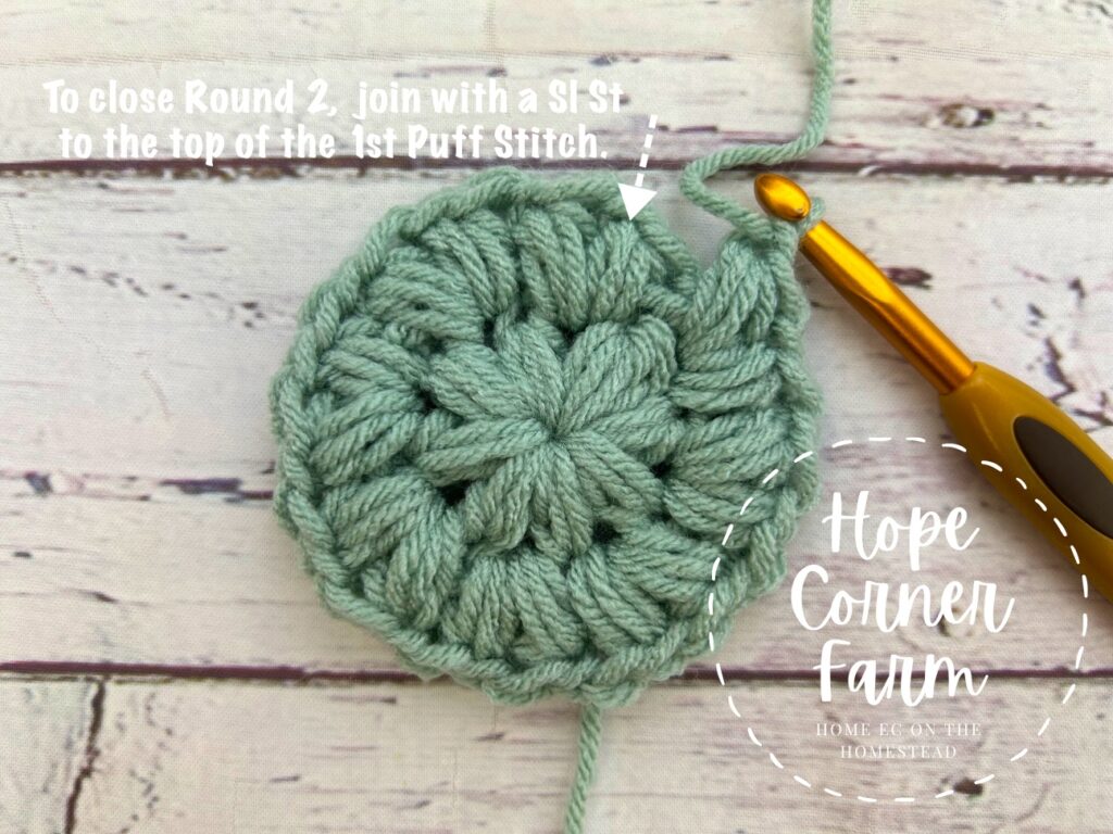 where to join with a slip stitch to close round 2 of crochet