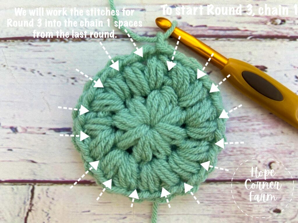 Where to work the crochet stitches for round 3 of the crochet puff stitch granny square