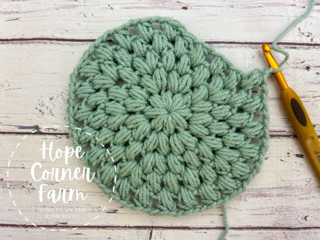 placing puff stitch chain 2 combinations around the circle of crochet