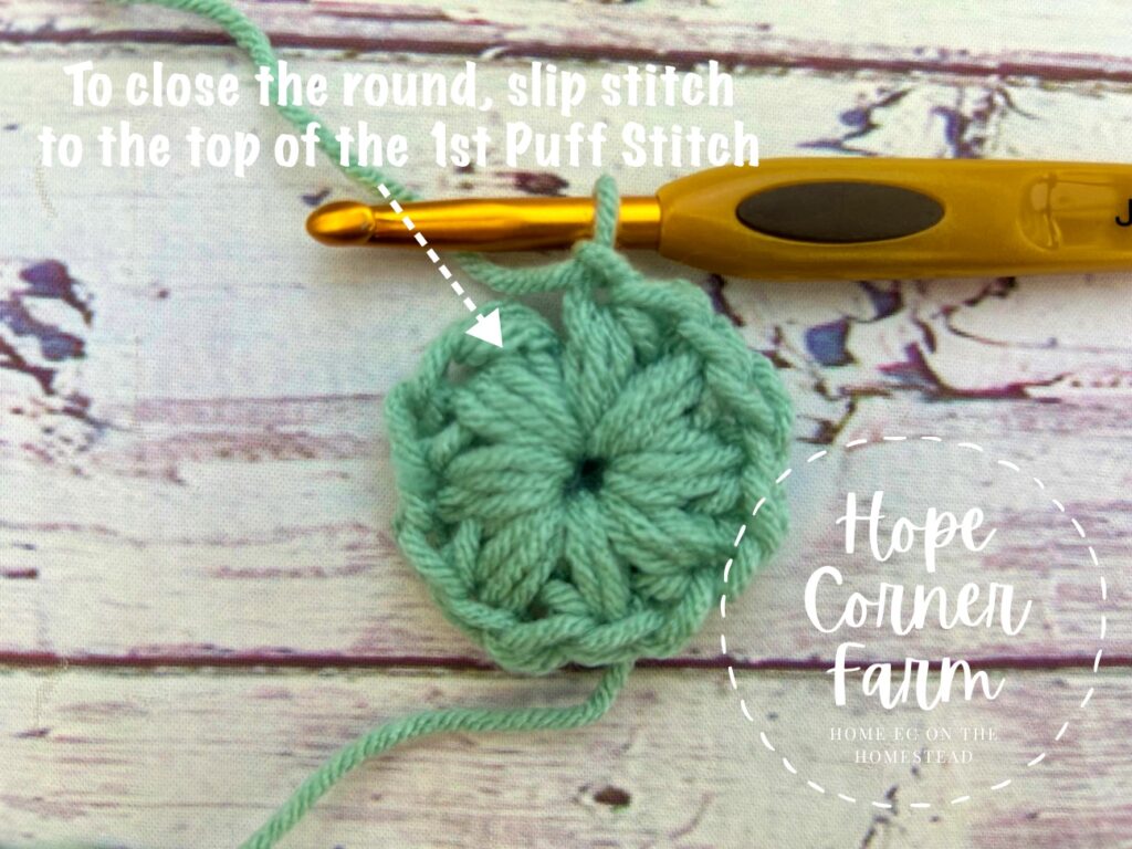 where to join with a slip stitch to close round 1 of the granny square