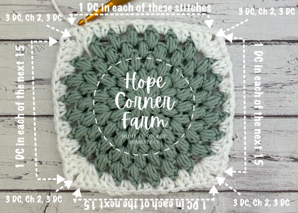 Crochet stitch placement for Round 7 of the Crochet Puff Stitch Granny Square