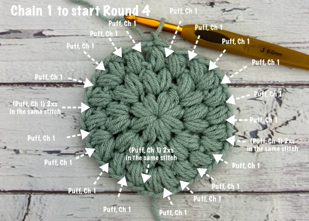 crochet stitch placement for round 4 of the crochet puff stitch granny square