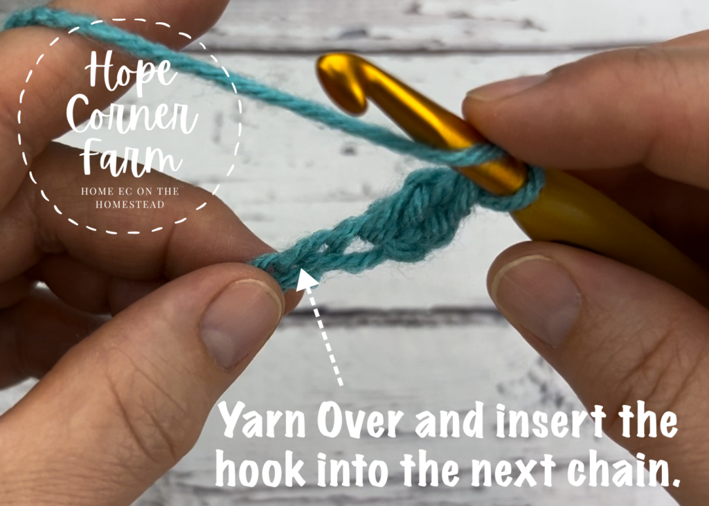 Work the first double crochet stitch into the 2nd chain from the crochet hook