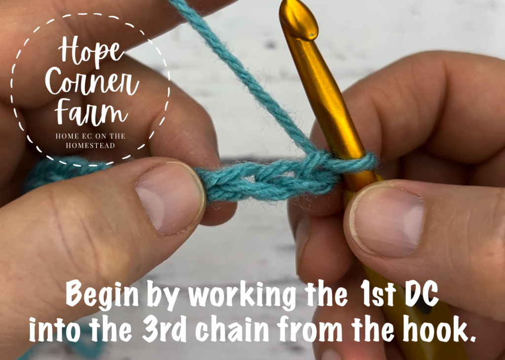 Begin by working the first double crochet stitch into the 3rd chain from the crochet hook