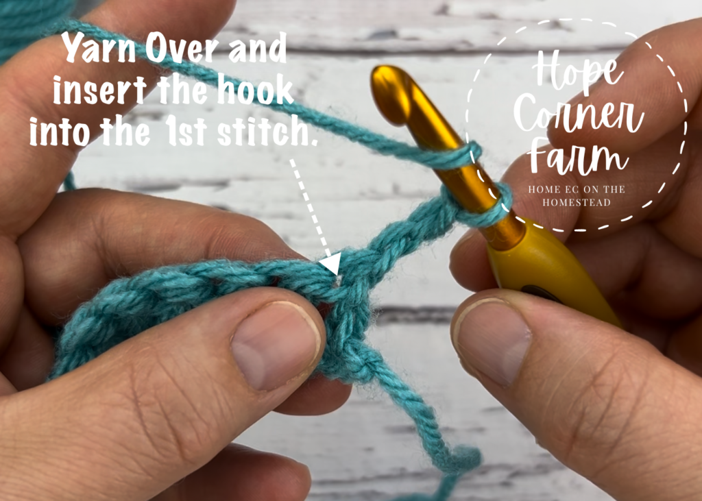 Where to place the 1st DC crochet stitch of the row