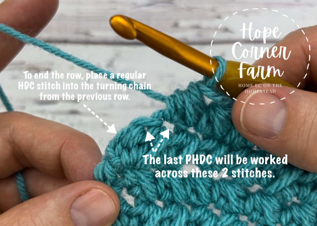 Where to work the last stitches of the row of paired half double crochet stitches