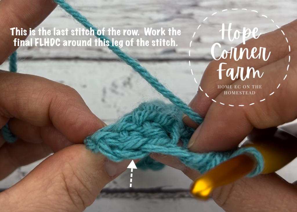 Where to work the last front loop half double crochet stitch of the row