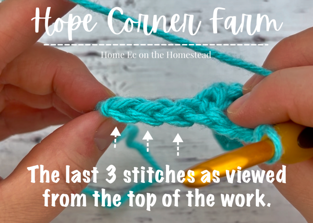 the last 3 crochet stitches of the row