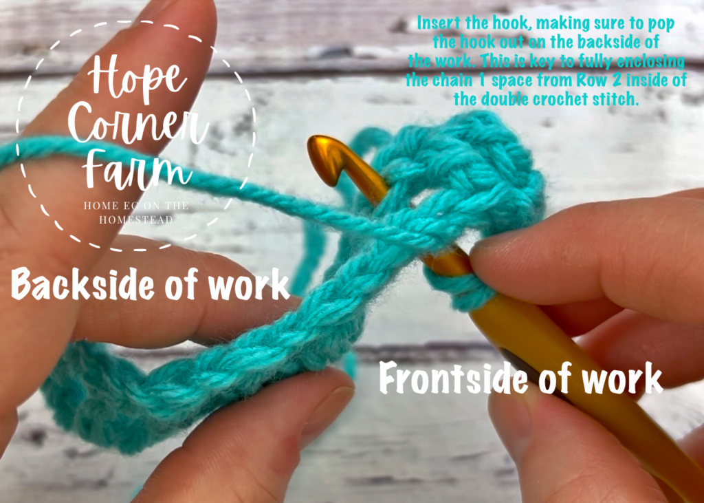 How to insert the crochet hook to enclose the chain 1 space