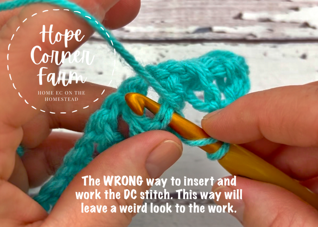 The wrong way to insert the crochet hook for the extended crochet moss stitch