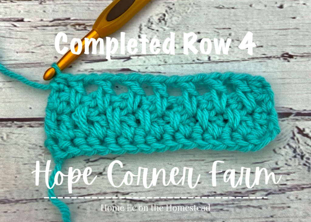 Completed row 4 of the extended crochet moss stitch