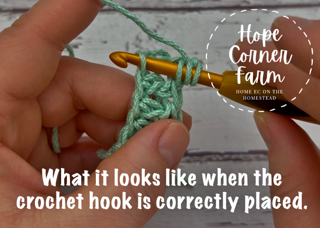 What it looks like when the crochet hook is correctly placed