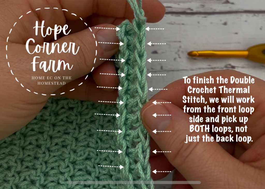 To finish the Double Crochet Thermal Stitch pick up both loops when crocheting into them