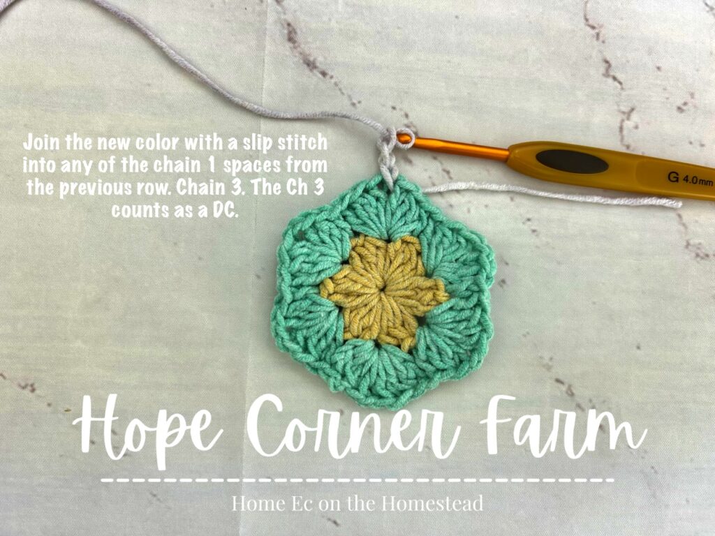 Into the chain 1 space join the new yarn and chain 3