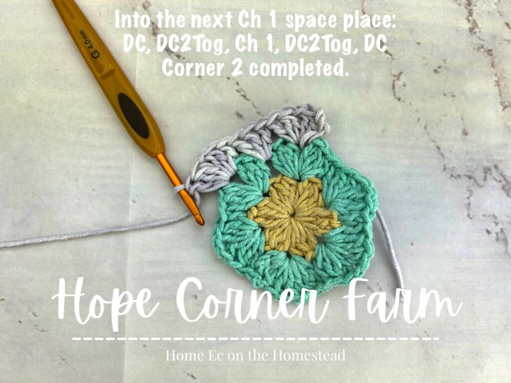 2nd corner of the crochet hexagon completed