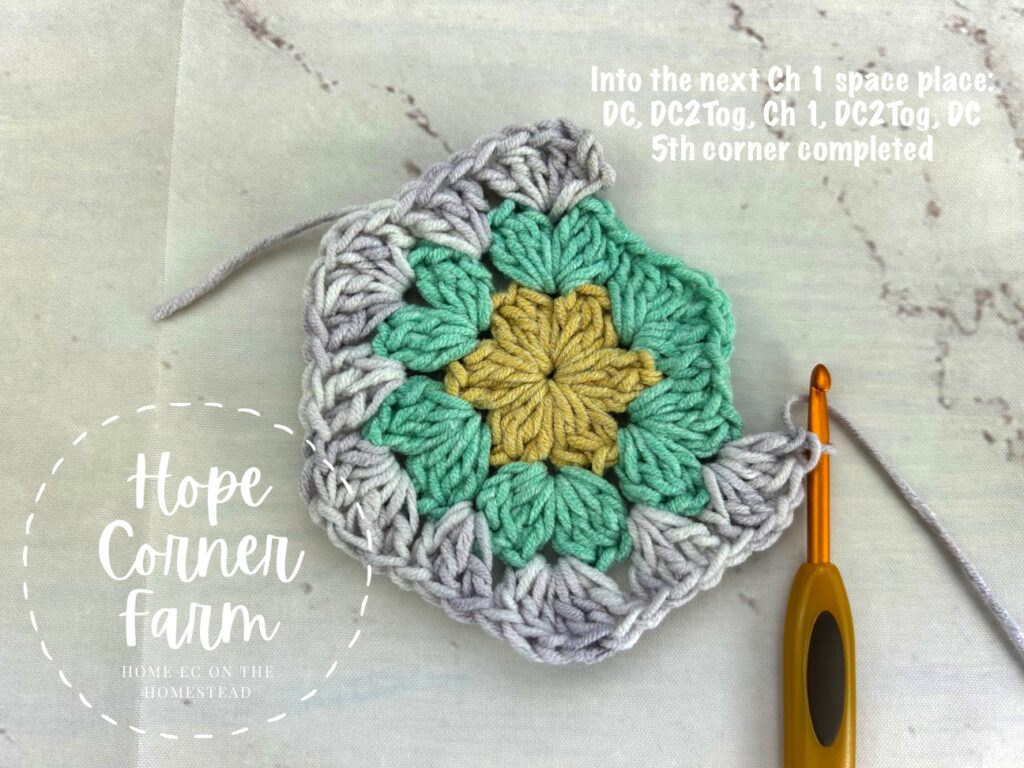 5th corner of the crochet large hexagon completed