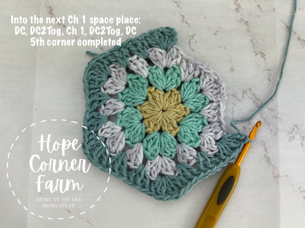 5th corner completed of the crochet hexagon