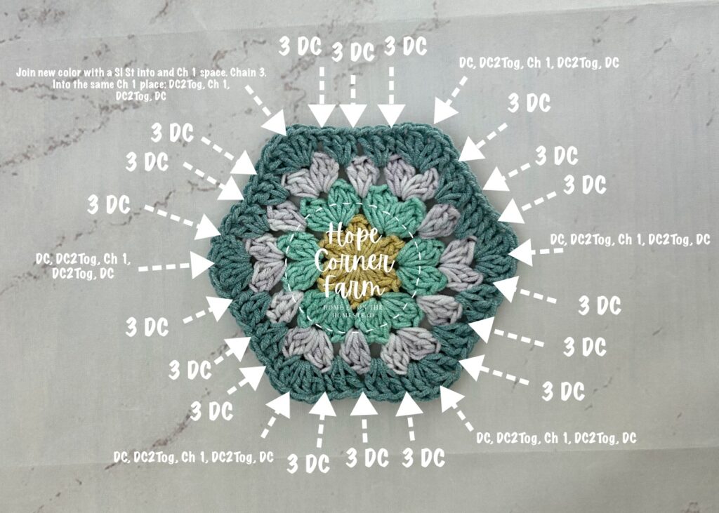 crochet stitch placement for round 5 of the large granny hexagon