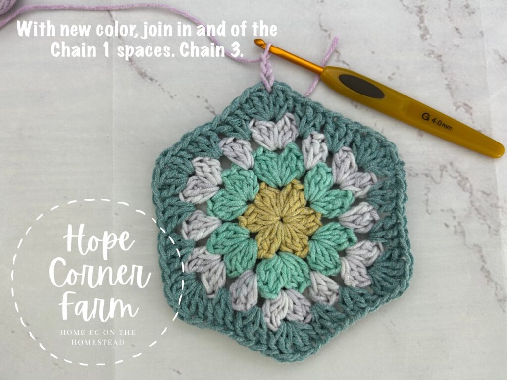 In any of the chain 1 spaces slip stitch with new color and chain 3