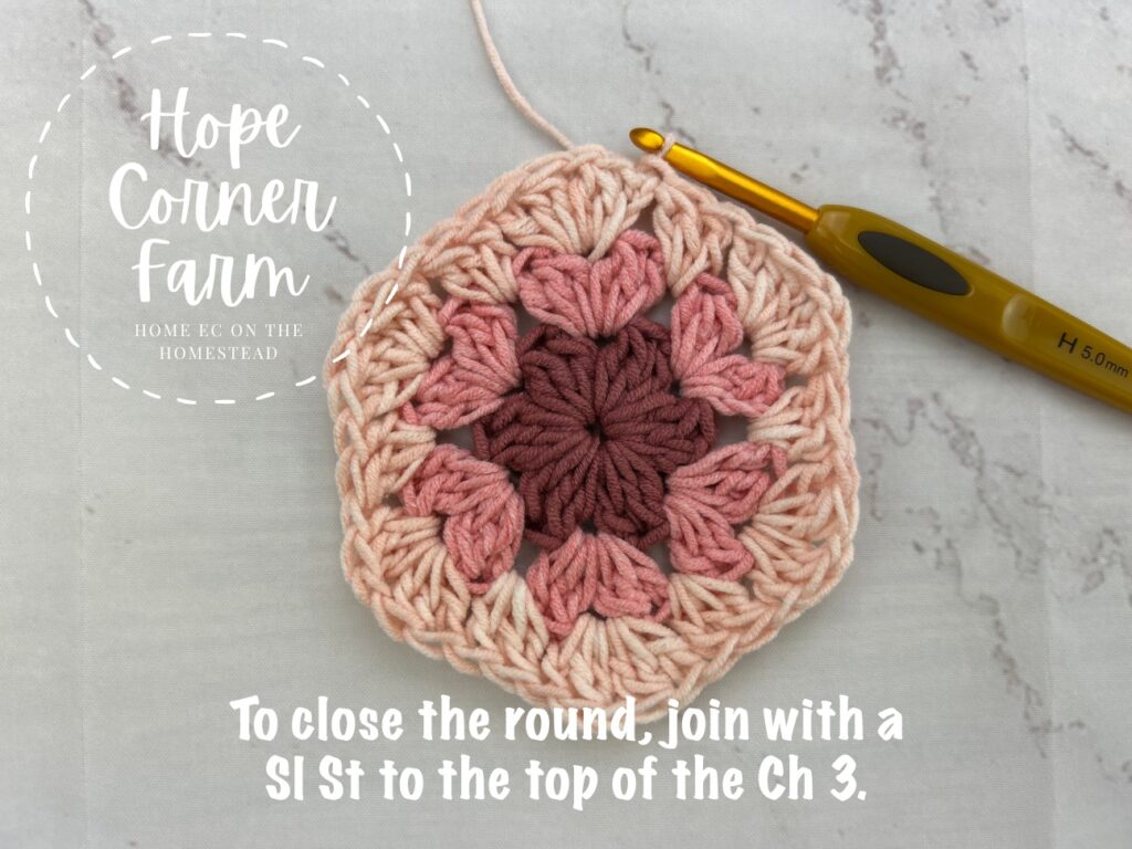 Close Round 3 of crochet by joining with a Slip Stitch to the top of the chain 3.