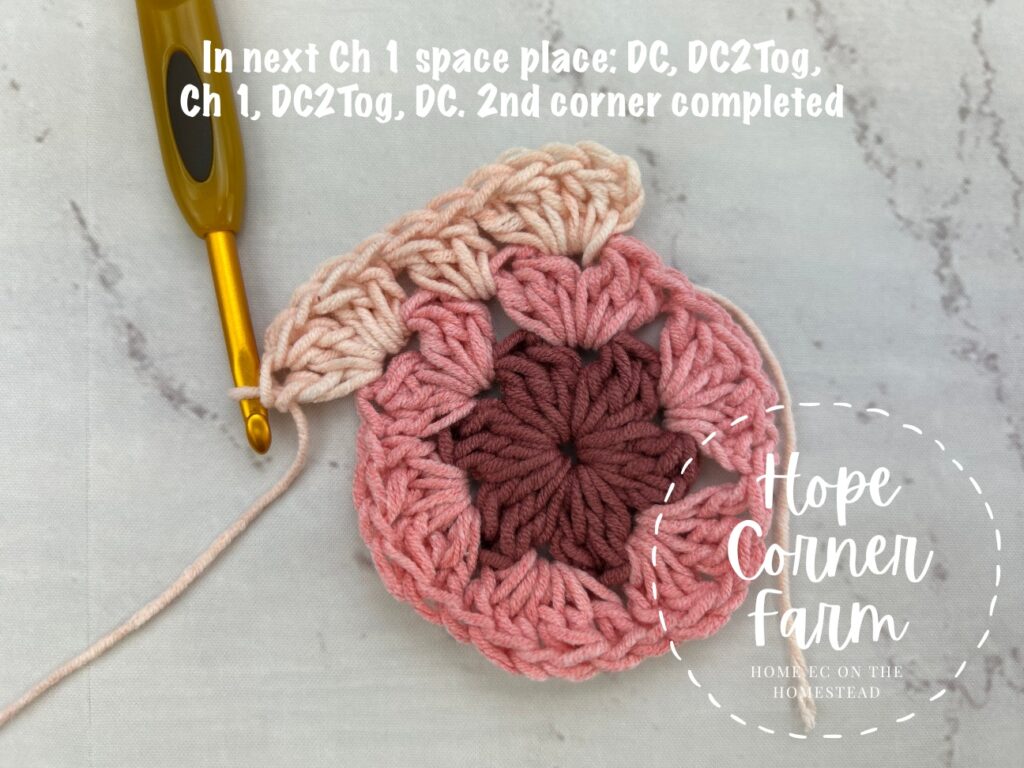 2nd corner of the crochet Easy Ombre Granny Hexagon completed