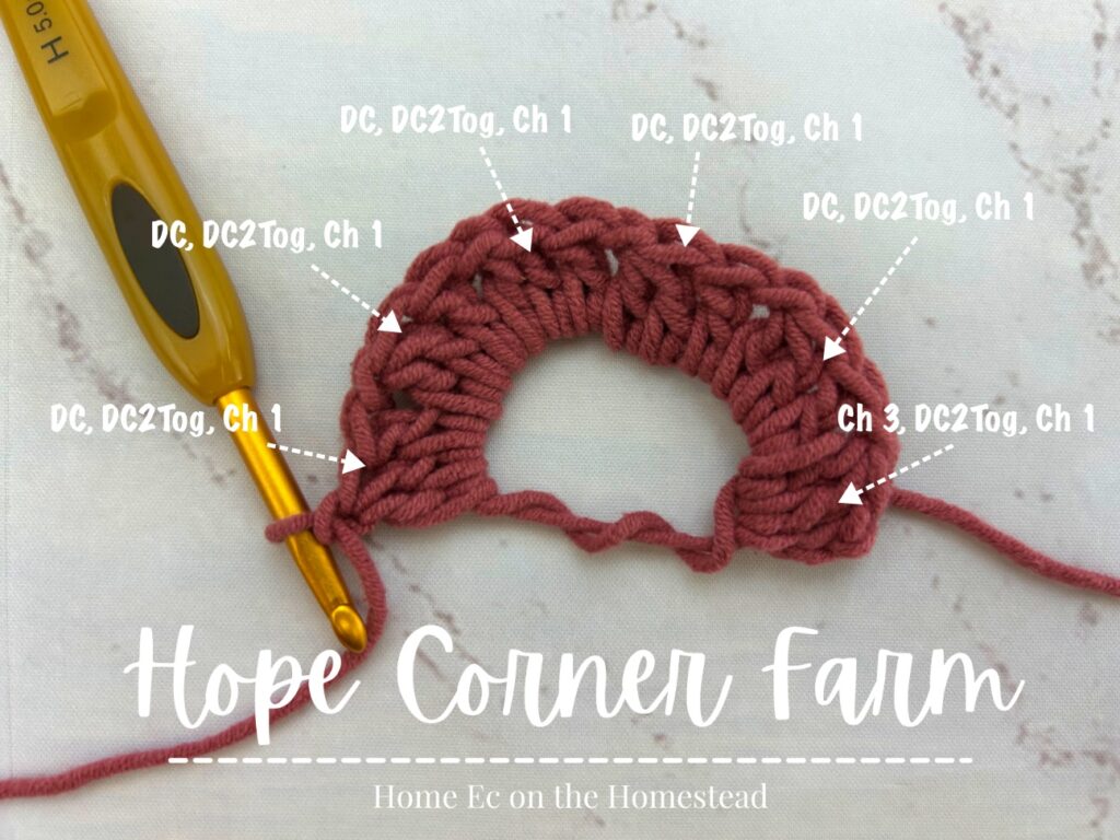 There will be 6 sets of DC, DC2Tog, Ch 1 for Round 1 of the crochet hexagon