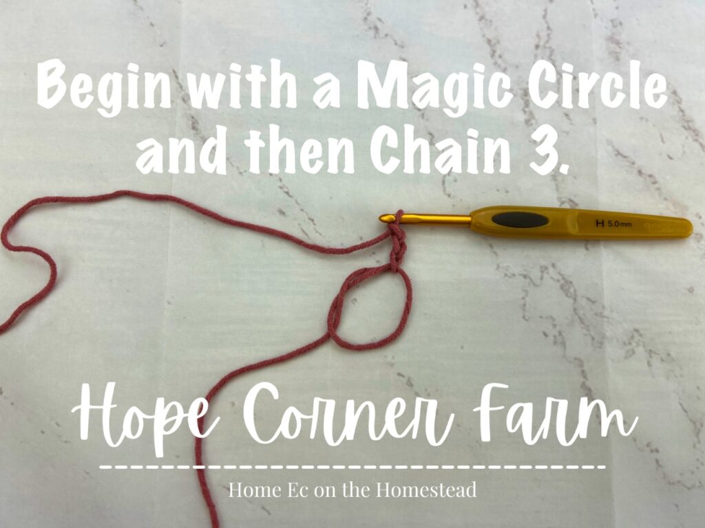Begin the crochet hexagon with a magic ring and then chain 3