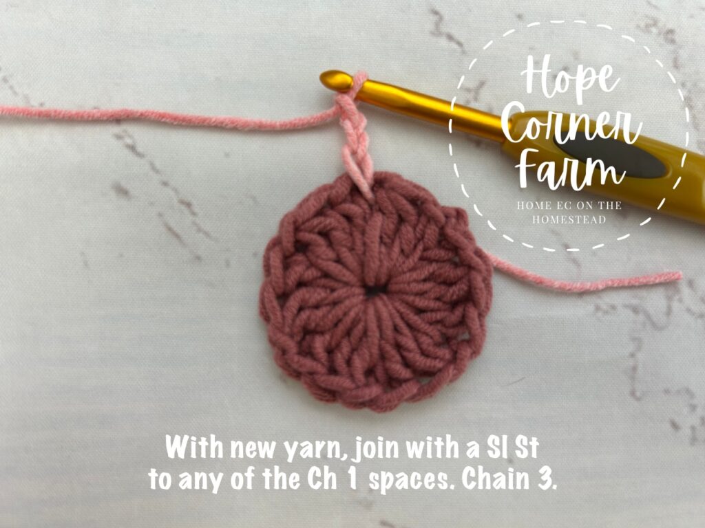 To start Round 2 chain 3 with the new yarn.