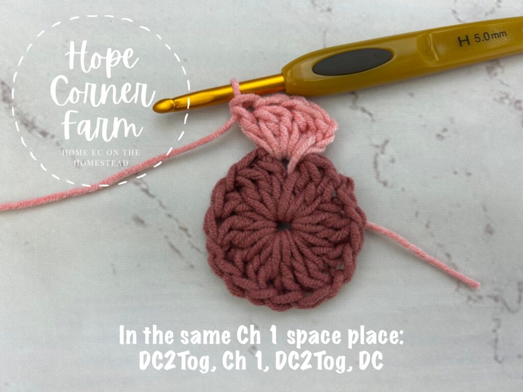 To complete corner 1 of the crochet hexagon place DC2Tog, Ch 1, DC2Tog, DC in the same space