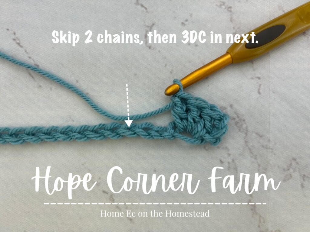 skip 2 chains and then place 3DC in the next