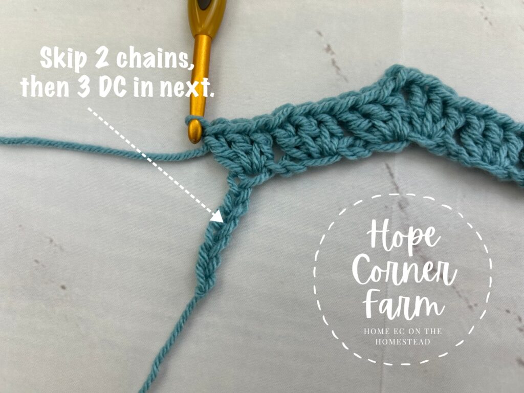 Skip 2 chains and then 3 double crochet in the next