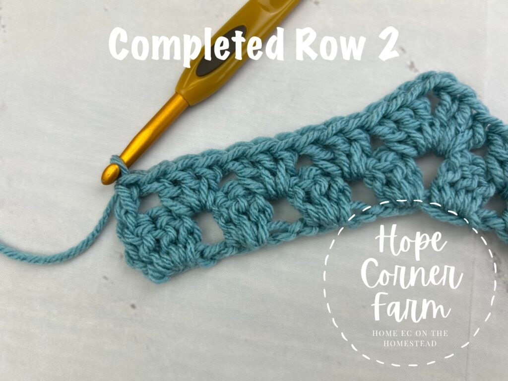 Row 2 of the granny ripple stitch in crochet