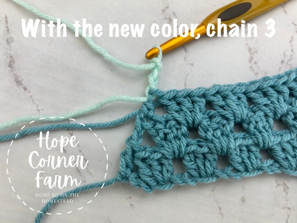 With new yarn color chain 3 and turn