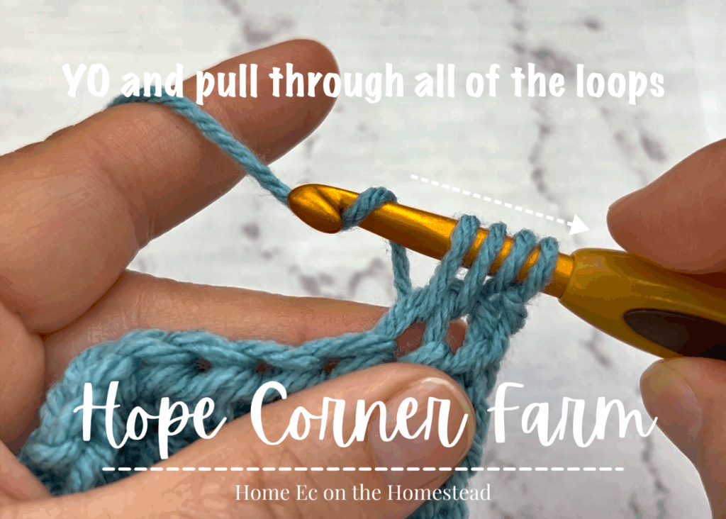 Yarn over and pull through all of the loops on the crochet hook