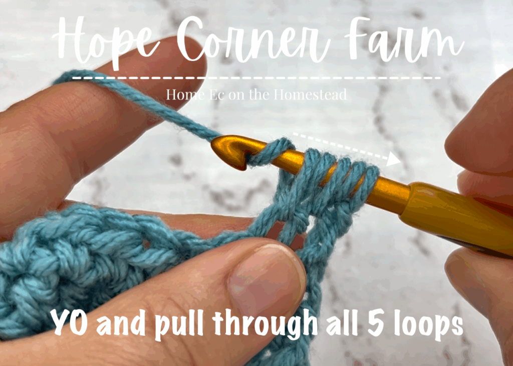 Yarn over and pull through all 5 loops of yarn on the crochet hook