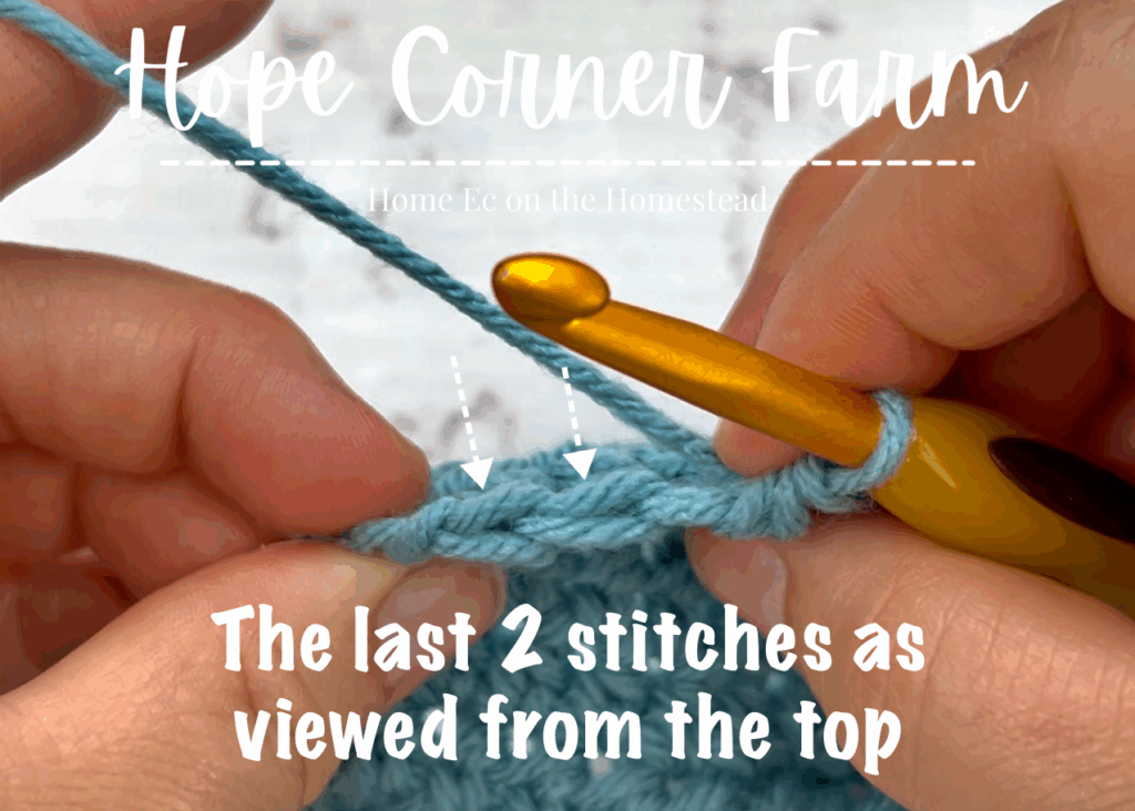 The last 2 stitches to be combined by a half double crochet 2 together