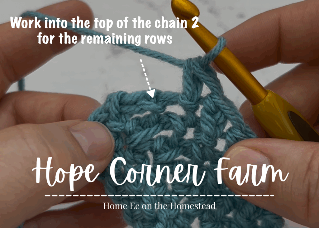 Work into the top of the chain 2 for the remaining rows of Herringbone Double Crochet Stitches