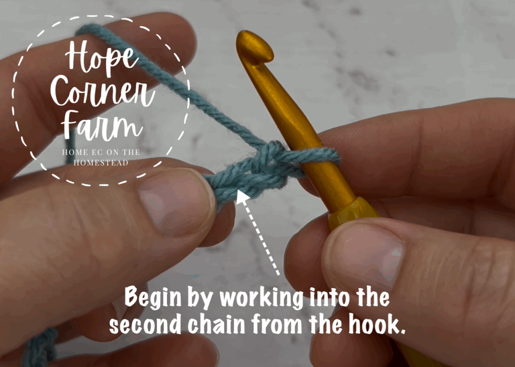 Begin by working into the second chain from the crochet hook