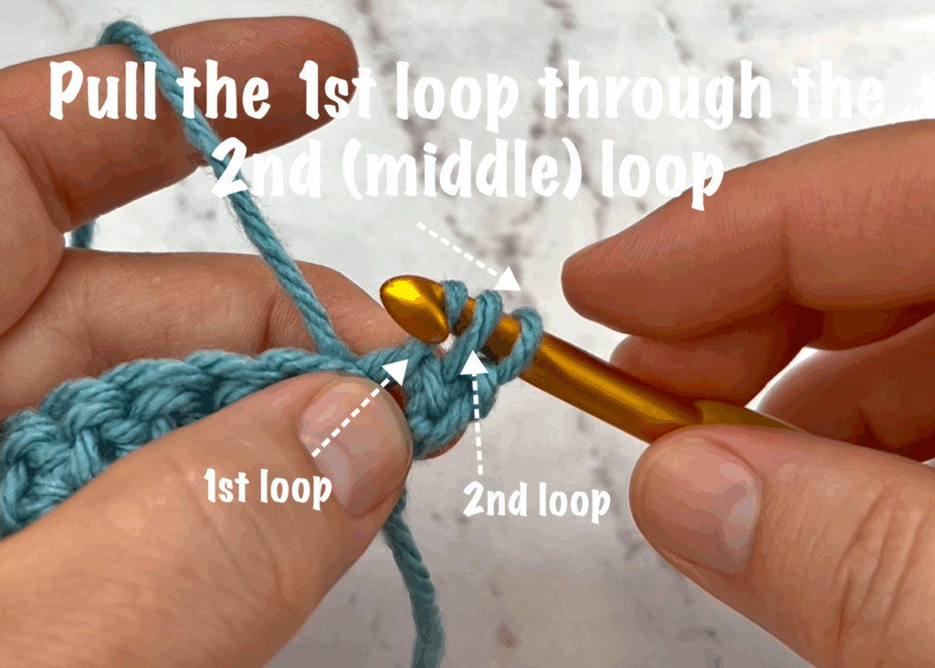 Pull the first loop of yarn through the middle loop of yarn