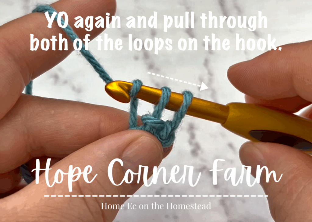 YO again and pull through both loops on the crochet hook to complete the HHDC