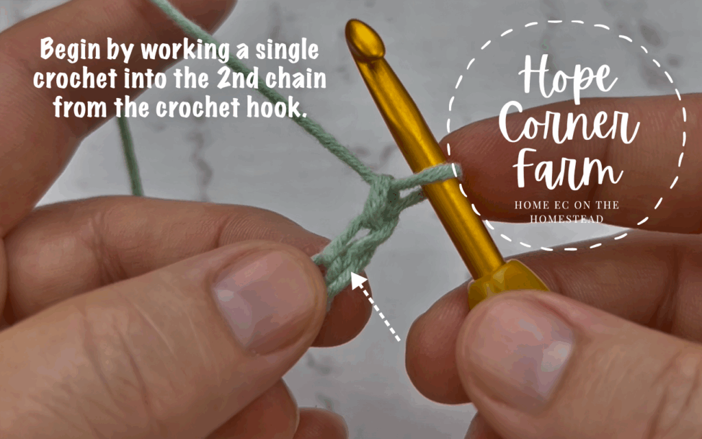 Work into the second chain from the crochet hook