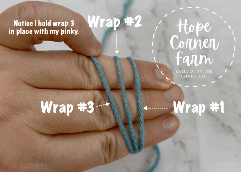 3 wraps of yarn on the hand
