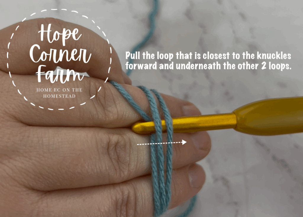 Pull the loop that is closest to the knuckles forward and underneath the other 2 loops