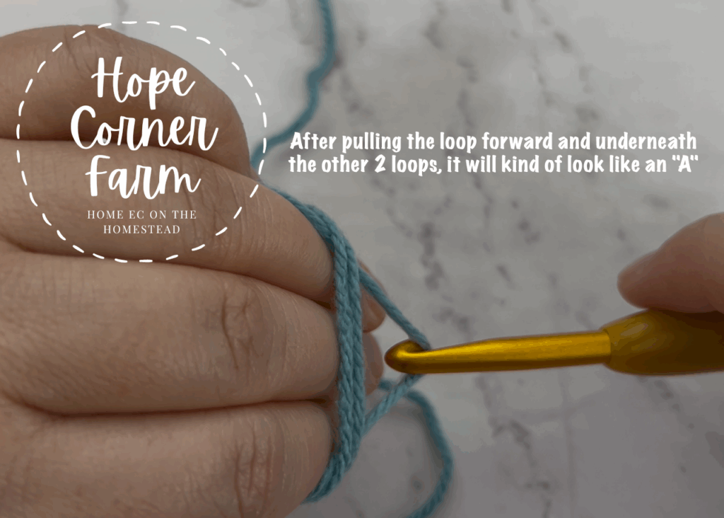 Pulling the loop of yarn forward. It will look like an "A"